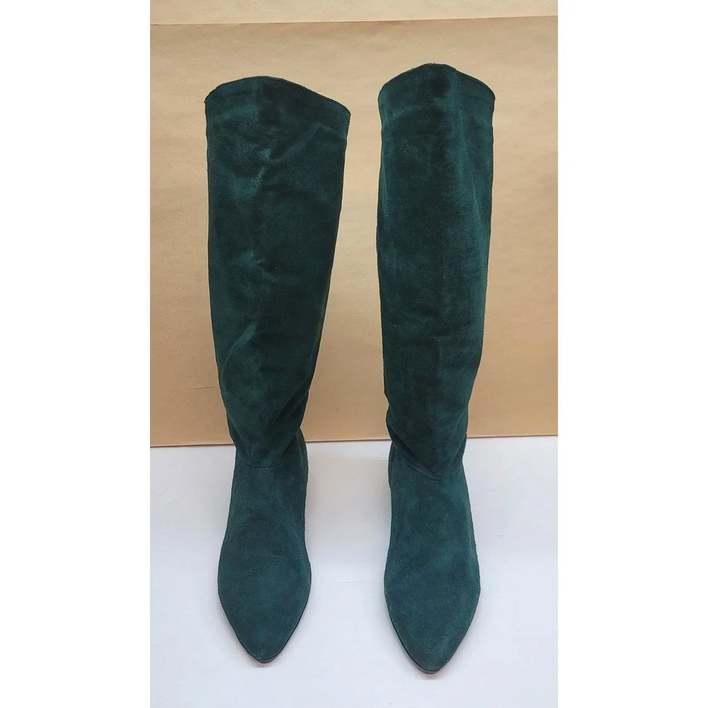 Clicks Womens Size 9B Dark Green Suede Tall Lace Up Back Boots Pointed Toe Flat